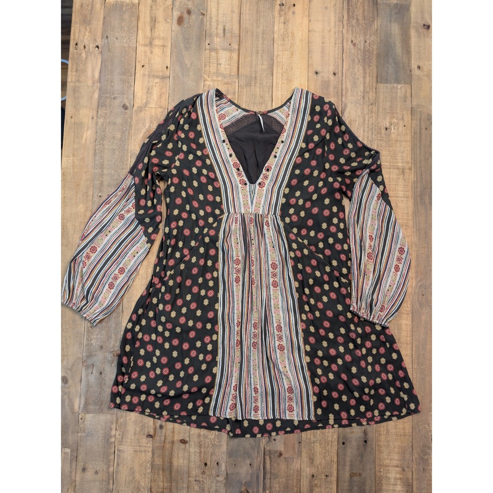 Free People Rain or Shine Tunic Dress Women Medium Boho High Low Crochet Pockets